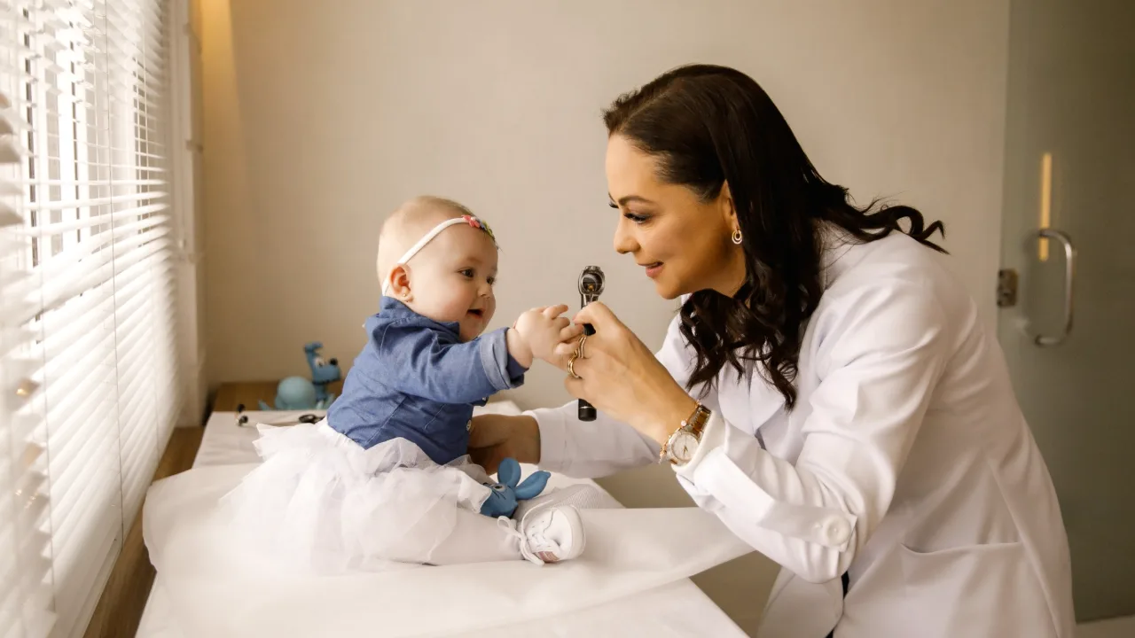 Dra. Vanessa Pozzo examinando um bebê durante consulta pediátrica