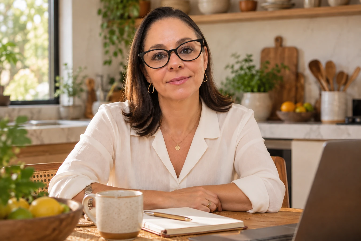 Dra. Vanessa Pozzo sentada à mesa de uma cozinha iluminada, com caderno e caneca à frente